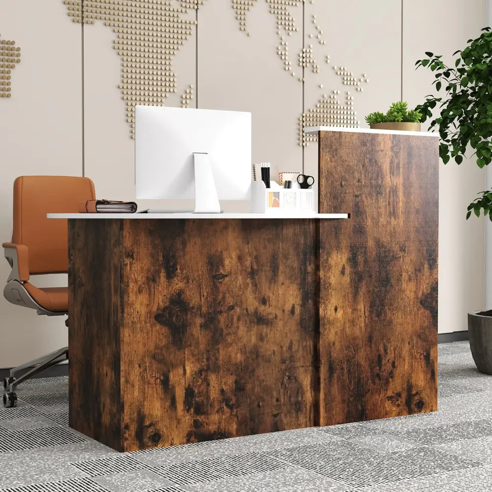 Modern Reception Desk Front Counter Desk with Oval Tabletop-Rustic Brown - Rustic Brown - Computer Desks