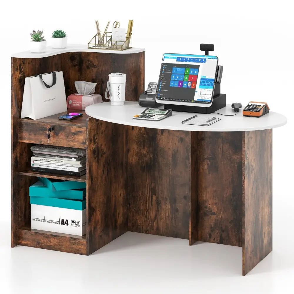 Modern Reception Desk Front Counter Desk with Oval Tabletop-Rustic Brown - Rustic Brown - Computer Desks
