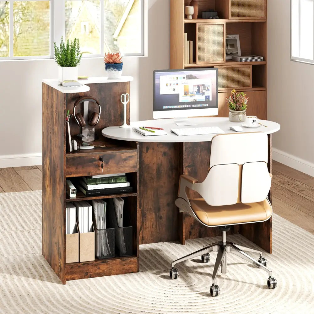 Modern Reception Desk Front Counter Desk with Oval Tabletop-Rustic Brown - Rustic Brown - Computer Desks