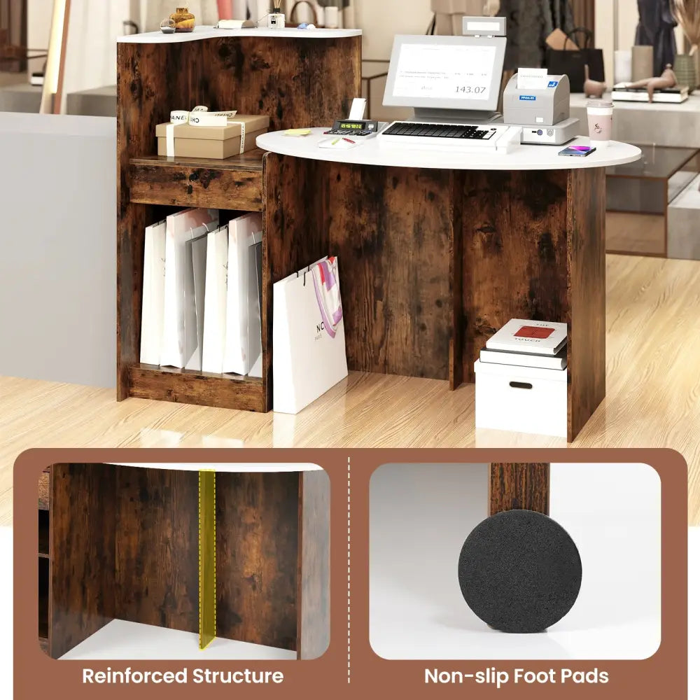 Modern Reception Desk Front Counter Desk with Oval Tabletop-Rustic Brown - Rustic Brown - Computer Desks