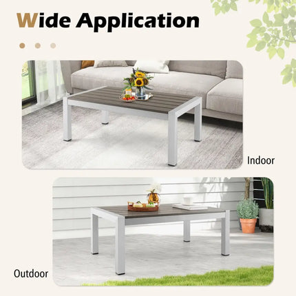 Modern Rectangular Patio Coffee Table with Plastic Wood Tabletop and Rustproof Aluminum Frame-Gray - Gray - Patio