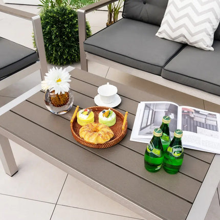 Modern Rectangular Patio Coffee Table with Plastic Wood Tabletop and Rustproof Aluminum Frame-Gray - Gray - Patio