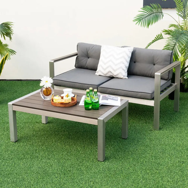 Modern Rectangular Patio Coffee Table with Plastic Wood Tabletop and Rustproof Aluminum Frame-Gray - Gray - Patio