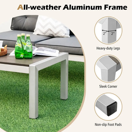 Modern Rectangular Patio Coffee Table with Plastic Wood Tabletop and Rustproof Aluminum Frame-Gray - Gray - Patio