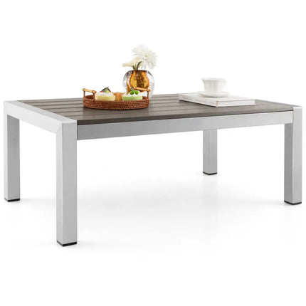 Modern Rectangular Patio Coffee Table with Plastic Wood Tabletop and Rustproof Aluminum Frame-Gray - Gray - Patio