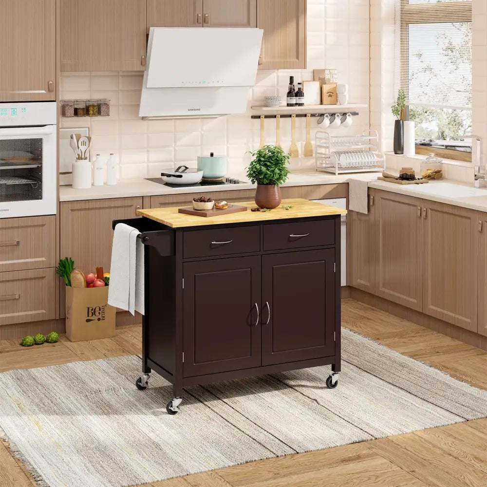 Modern Rolling Kitchen Cart Island with Wooden Top-Brown - Brown - Kitchen Islands & Carts