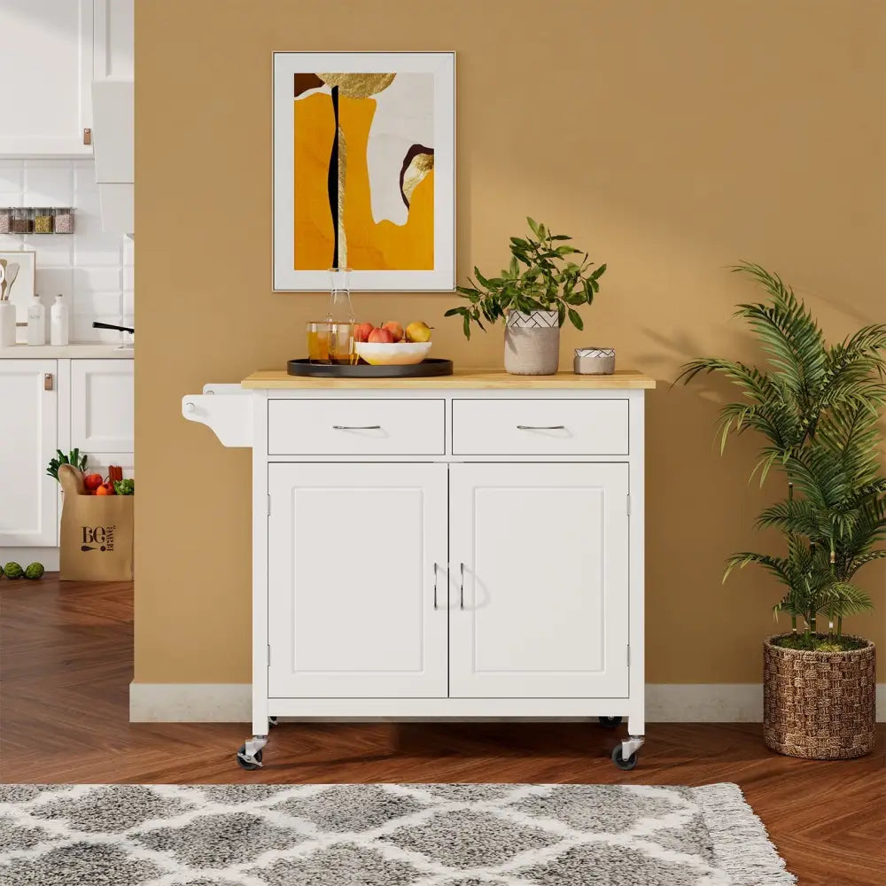 Modern Rolling Kitchen Cart Island with Wooden Top-White - White - Kitchen Islands & Carts