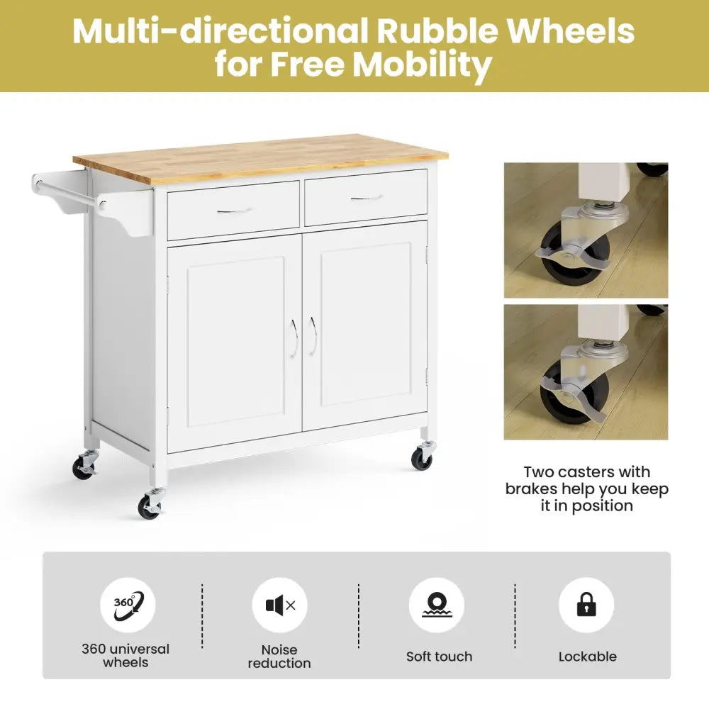 Modern Rolling Kitchen Cart Island with Wooden Top-White - White - Kitchen Islands & Carts