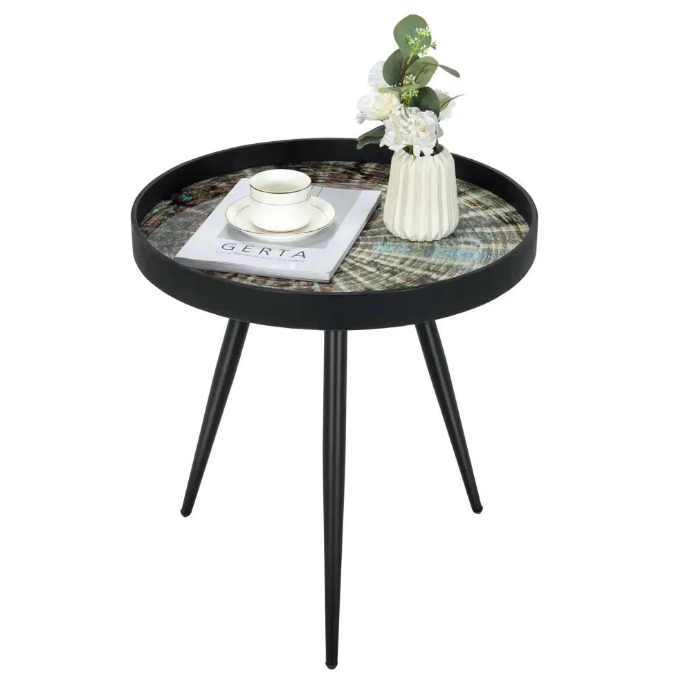 Modern Round End Table with Wooden Tray Top for Living Room Bedroom-Black - Black - Coffee Tables