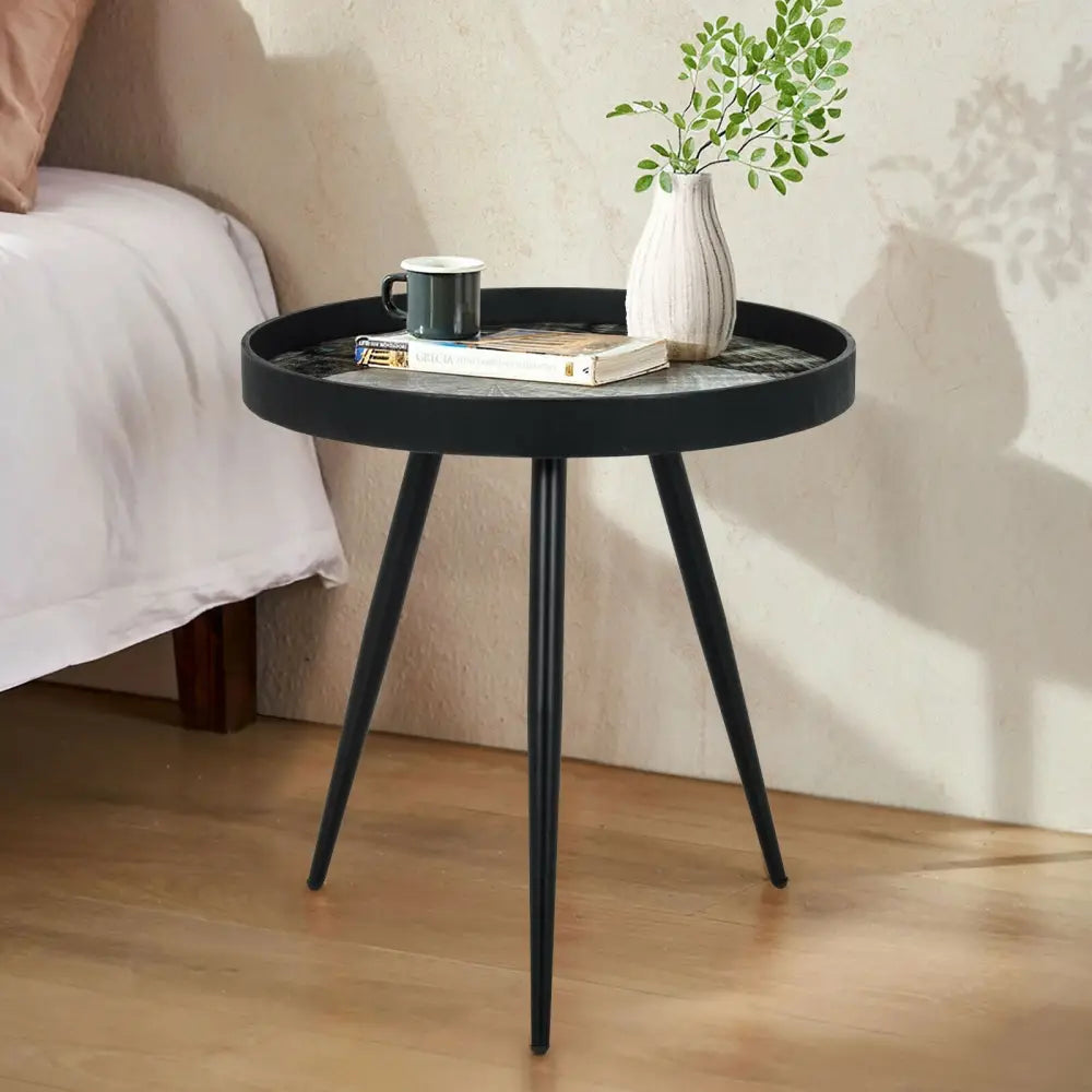 Modern Round End Table with Wooden Tray Top for Living Room Bedroom-Black - Black - Coffee Tables