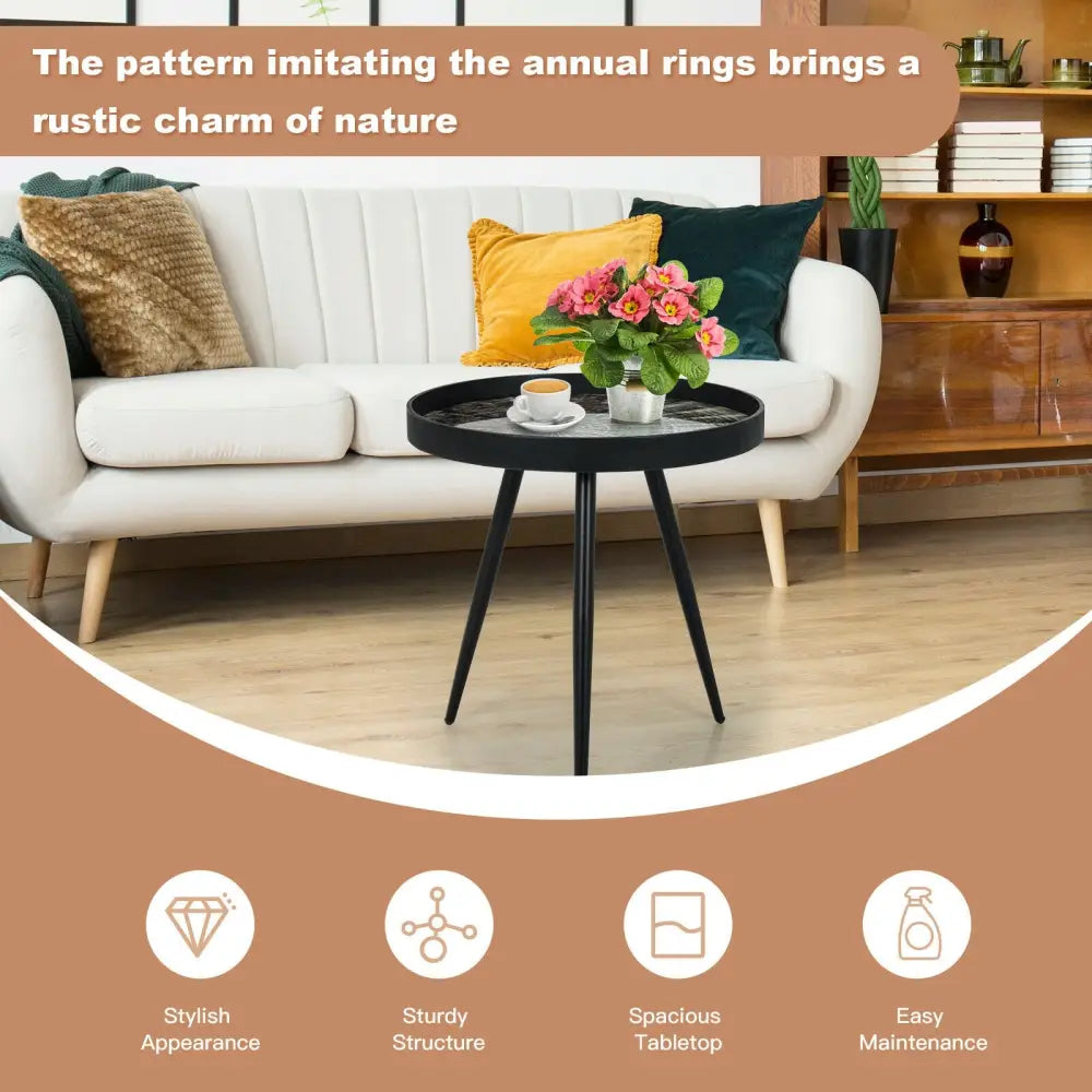 Modern Round End Table with Wooden Tray Top for Living Room Bedroom-Black - Black - Coffee Tables