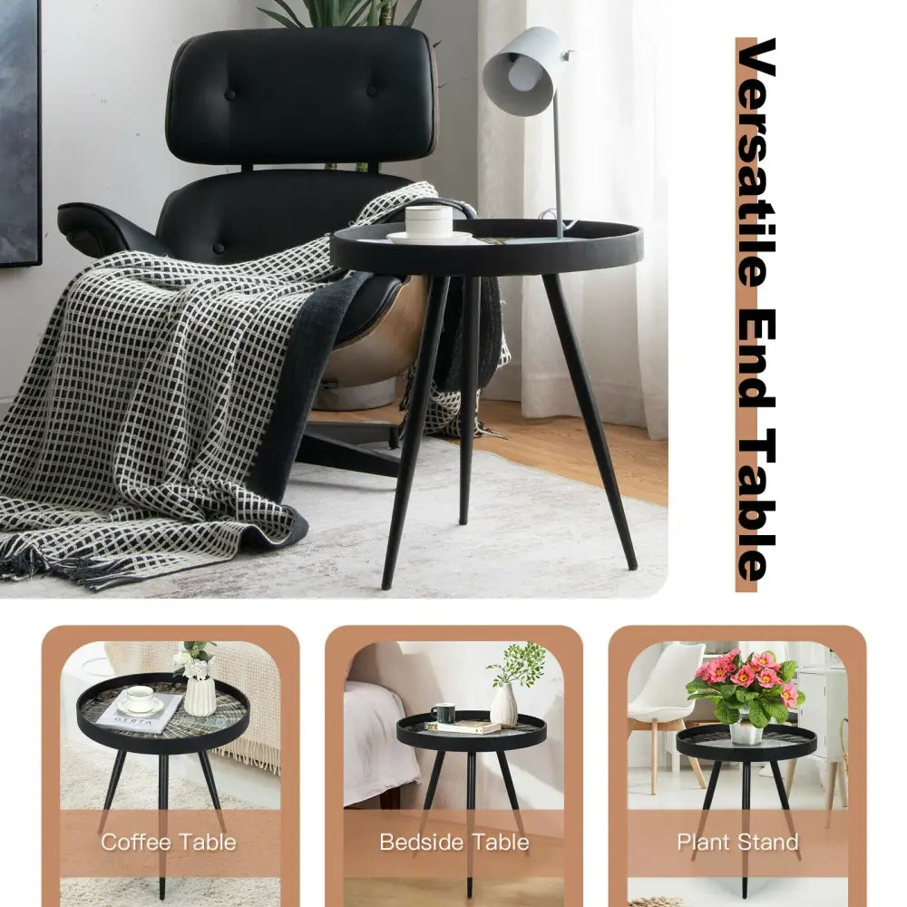 Modern Round End Table with Wooden Tray Top for Living Room Bedroom-Black - Black - Coffee Tables