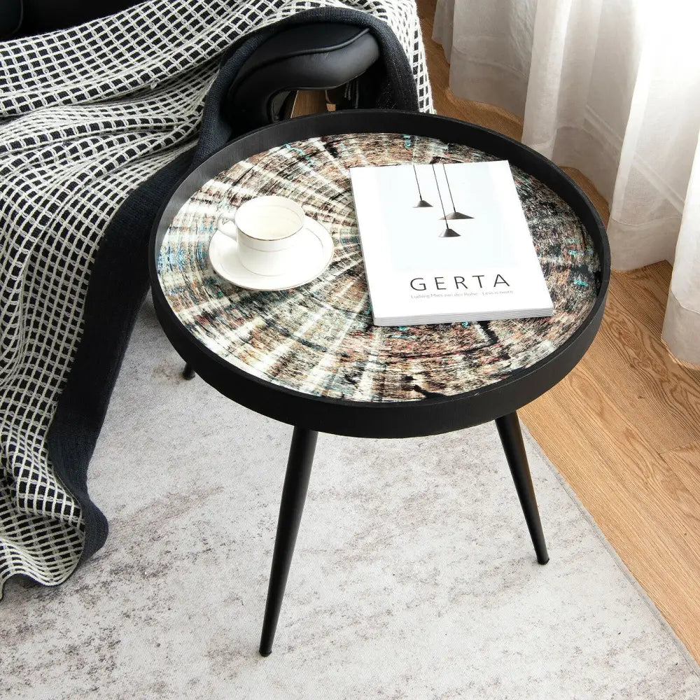 Modern Round End Table with Wooden Tray Top for Living Room Bedroom-Black - Black - Coffee Tables