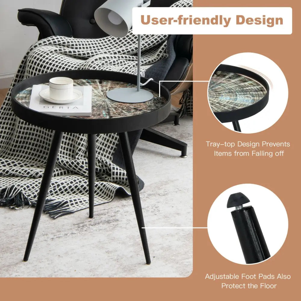 Modern Round End Table with Wooden Tray Top for Living Room Bedroom-Black - Black - Coffee Tables