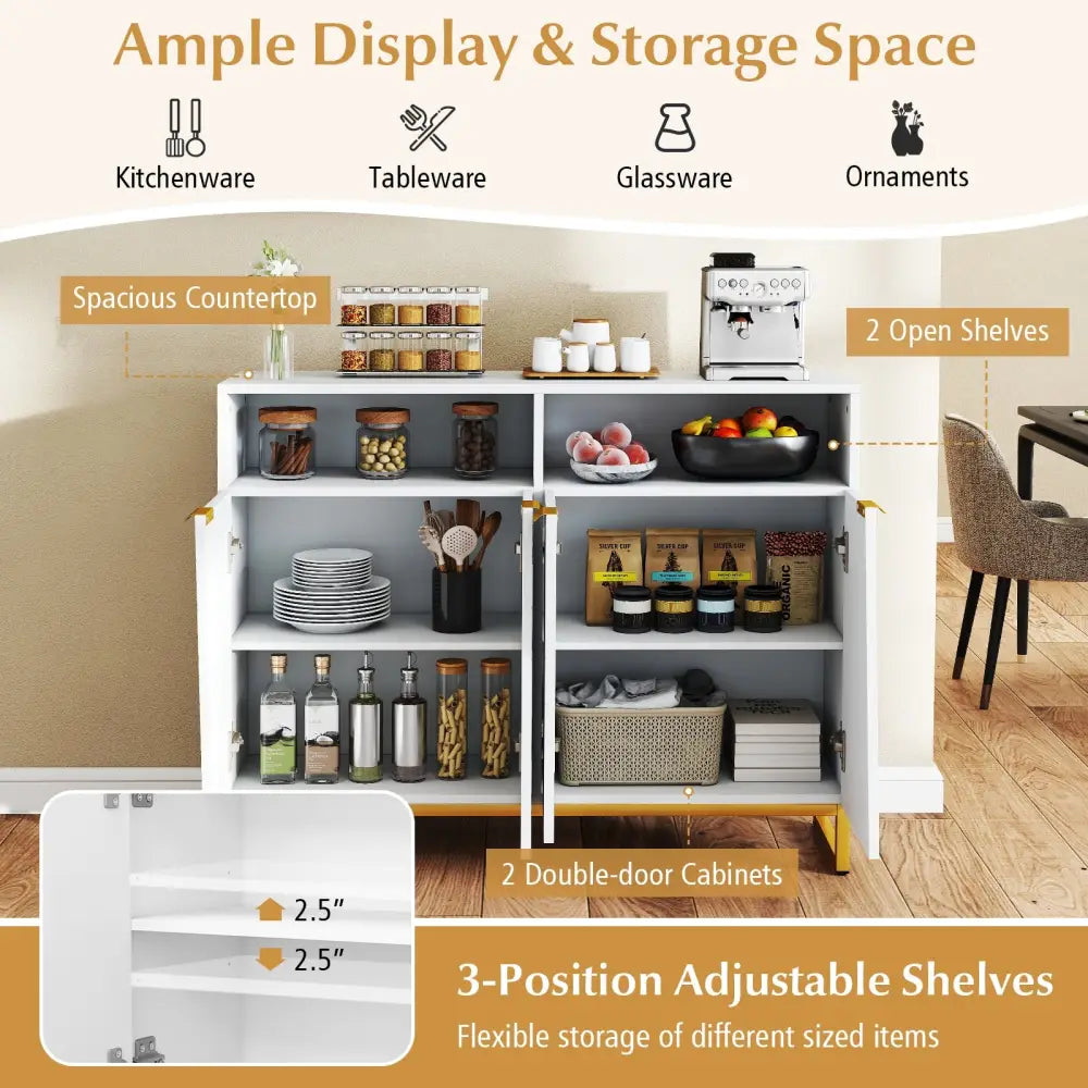 Modern Sideboard Cabinet with 4 Doors and Adjustable Shelves-White - White - Sideboards Cabinets & Buffets