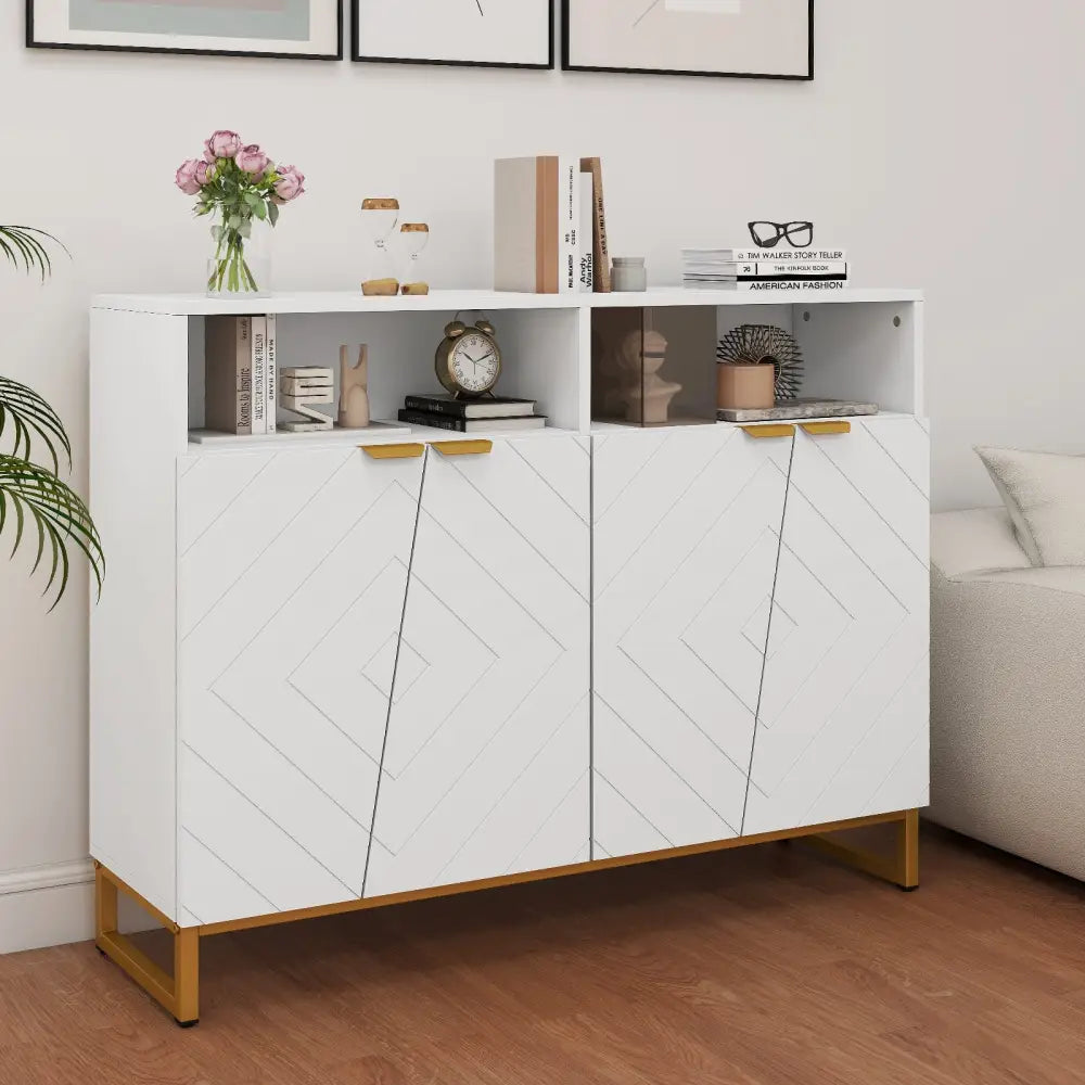Modern Sideboard Cabinet with 4 Doors and Adjustable Shelves-White - White - Sideboards Cabinets & Buffets