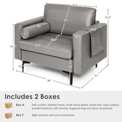 Modern Single Sofa with Cushion Bolster and Side Storage Pocket - Light Gray - Living Room
