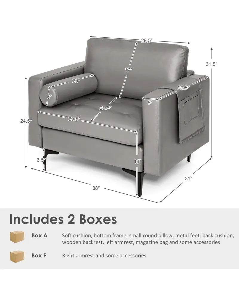 Modern Single Sofa with Cushion Bolster and Side Storage Pocket - Light Gray - Accent Chairs