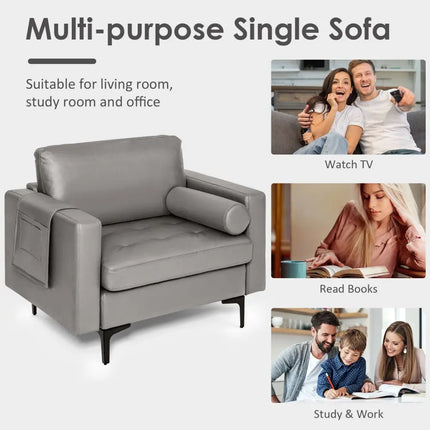 Modern Single Sofa with Cushion Bolster and Side Storage Pocket - Light Gray - Living Room