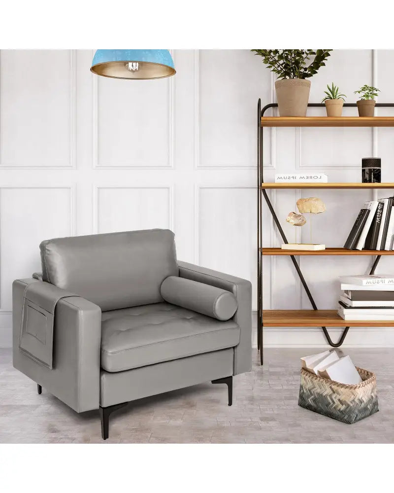 Modern Single Sofa with Cushion Bolster and Side Storage Pocket - Light Gray - Accent Chairs