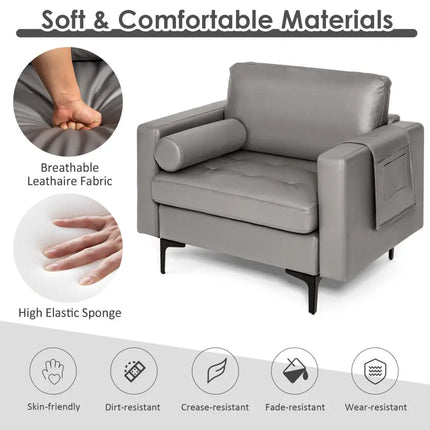 Modern Single Sofa with Cushion Bolster and Side Storage Pocket - Light Gray - Living Room