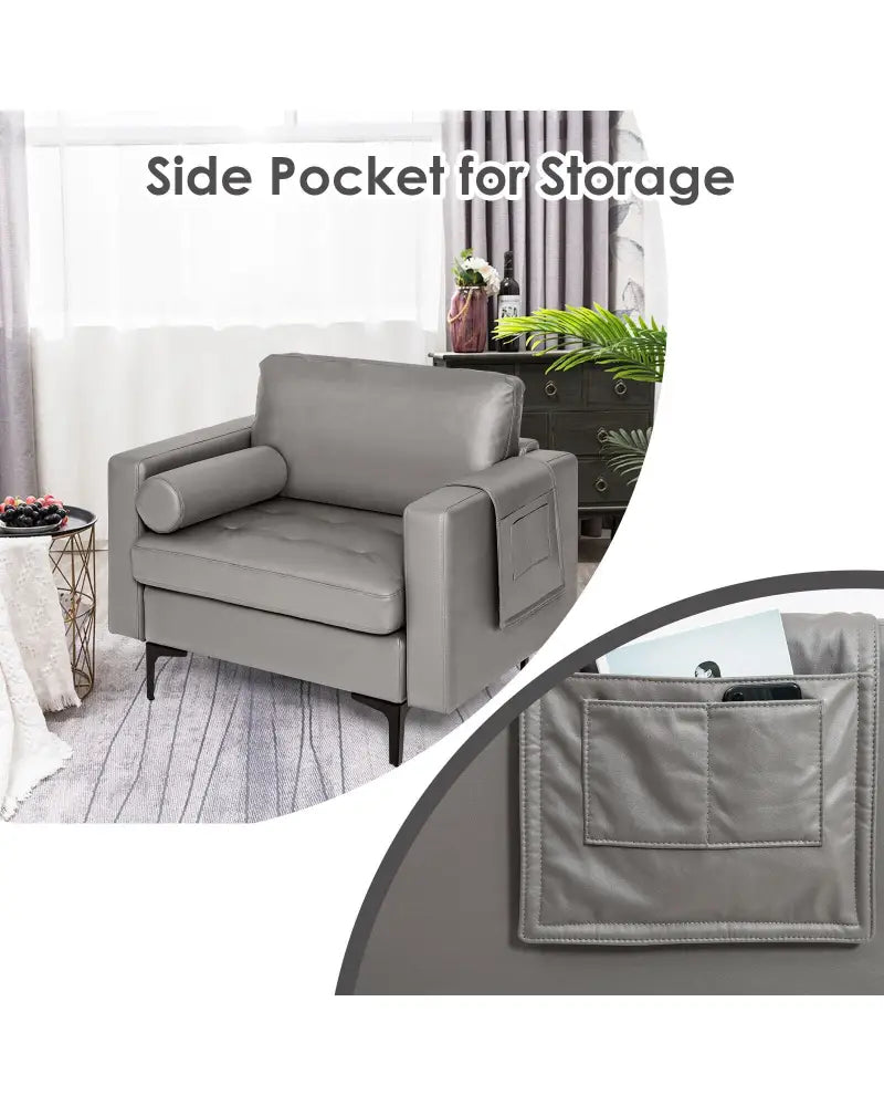 Modern Single Sofa with Cushion Bolster and Side Storage Pocket - Light Gray - Accent Chairs