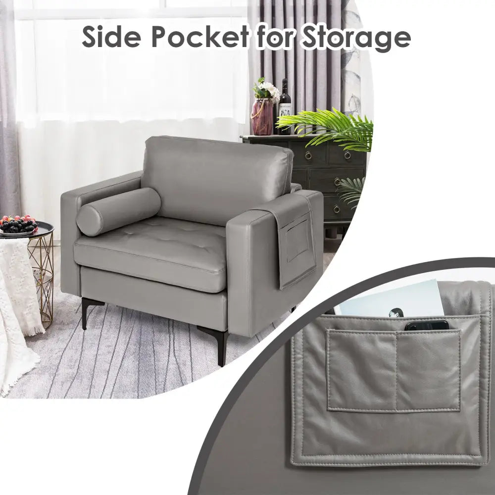Modern Single Sofa with Cushion Bolster and Side Storage Pocket - Light Gray - Accent Chairs