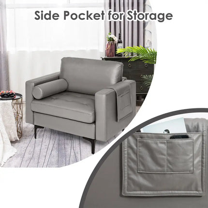Modern Single Sofa with Cushion Bolster and Side Storage Pocket - Light Gray - Living Room