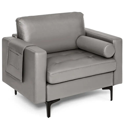 Modern Single Sofa with Cushion Bolster and Side Storage Pocket - Light Gray - Living Room