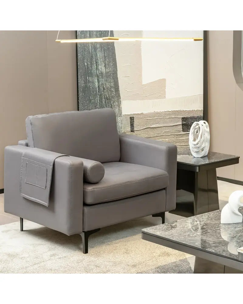 Modern Single Sofa with Cushion Bolster and Side Storage Pocket - Light Gray - Accent Chairs