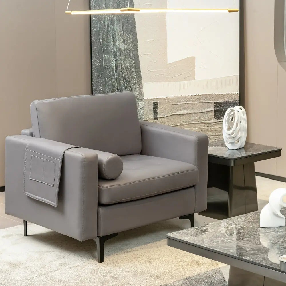 Modern Single Sofa with Cushion Bolster and Side Storage Pocket - Light Gray - Accent Chairs