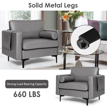 Modern Single Sofa with Cushion Bolster and Side Storage Pocket - Light Gray - Living Room