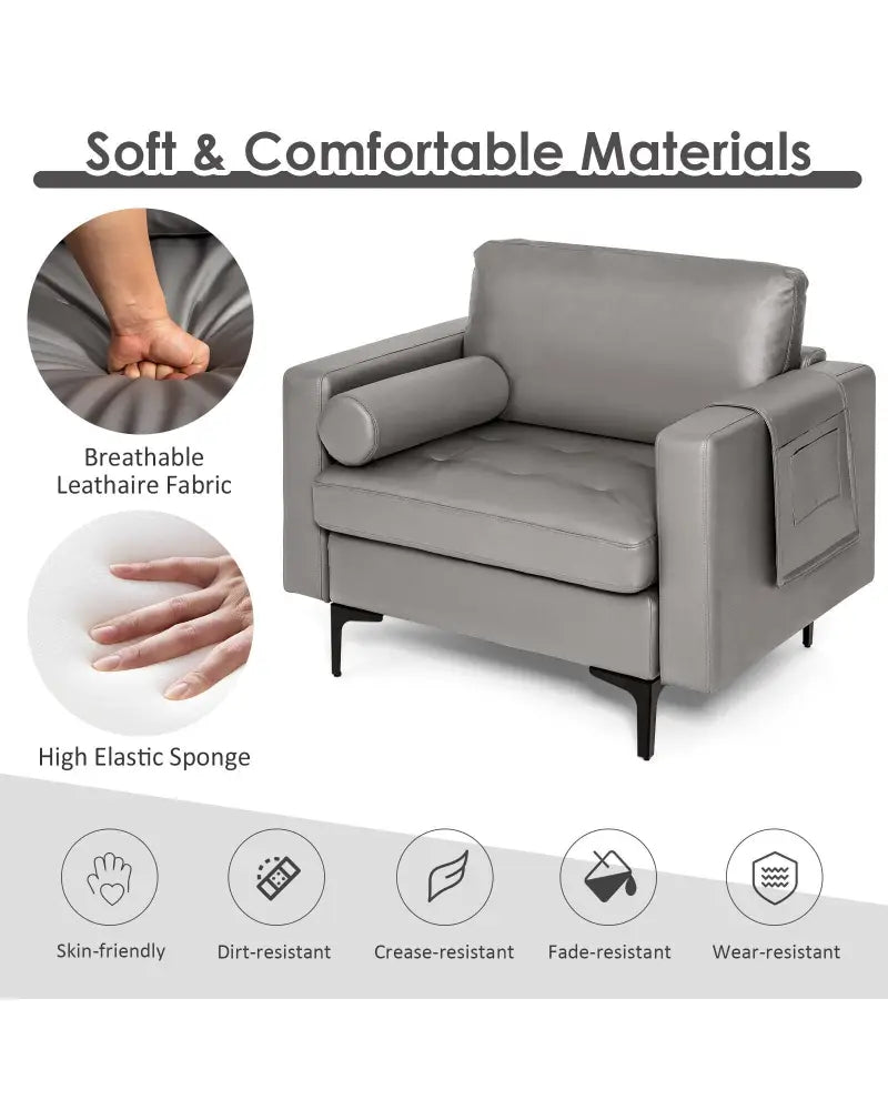 Modern Single Sofa with Cushion Bolster and Side Storage Pocket - Light Gray - Accent Chairs