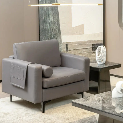 Modern Single Sofa with Cushion Bolster and Side Storage Pocket - Light Gray - Living Room