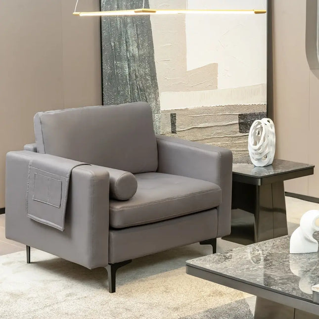 Modern Single Sofa with Cushion Bolster and Side Storage Pocket - Light Gray - Living Room