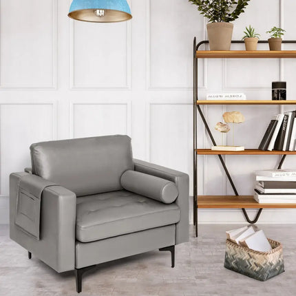 Modern Single Sofa with Cushion Bolster and Side Storage Pocket - Light Gray - Living Room