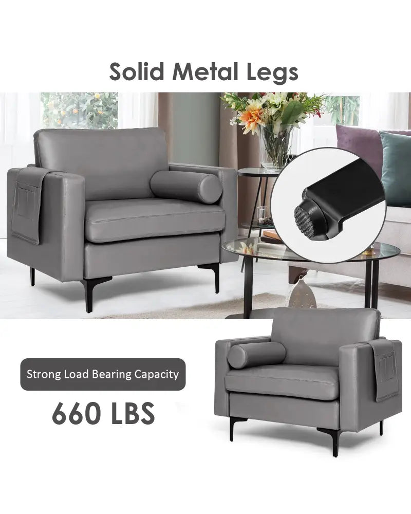 Modern Single Sofa with Cushion Bolster and Side Storage Pocket - Light Gray - Accent Chairs