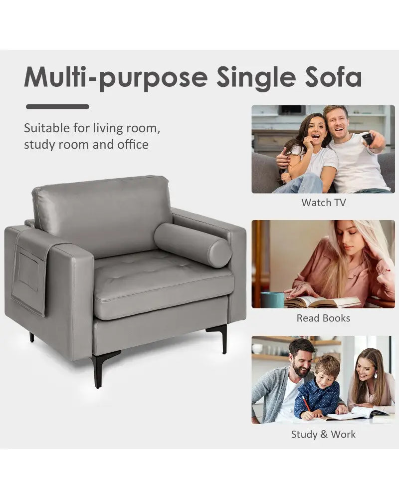Modern Single Sofa with Cushion Bolster and Side Storage Pocket - Light Gray - Accent Chairs