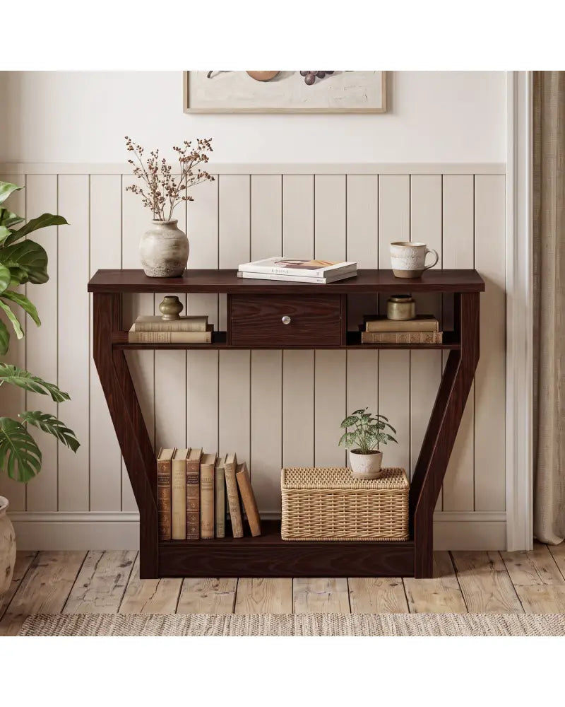 Modern Sofa Accent Table with Drawer-Brown - Brown - Console Tables