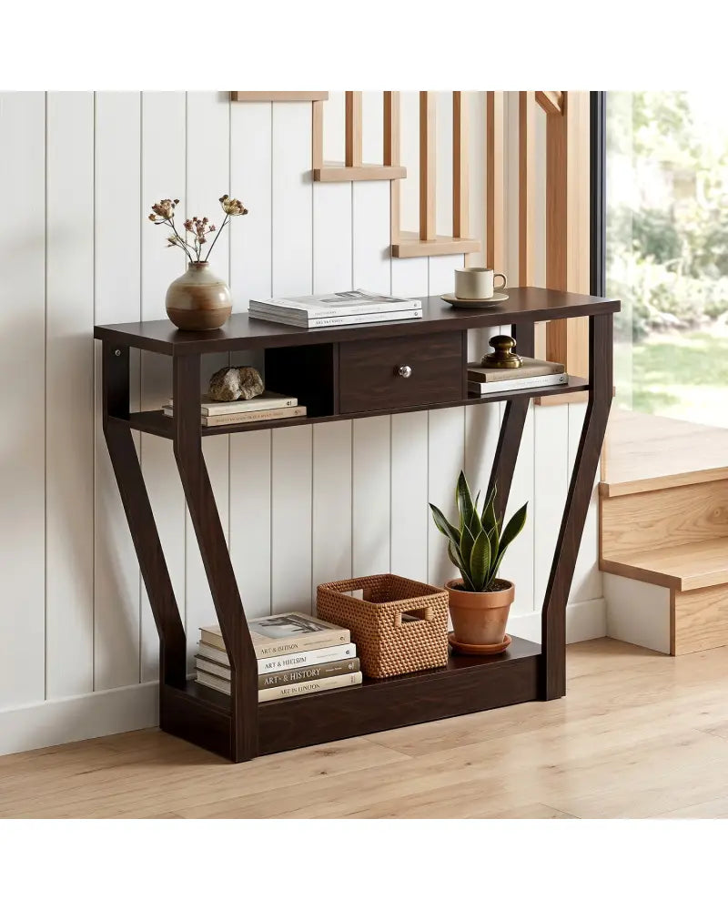 Modern Sofa Accent Table with Drawer-Brown - Brown - Console Tables