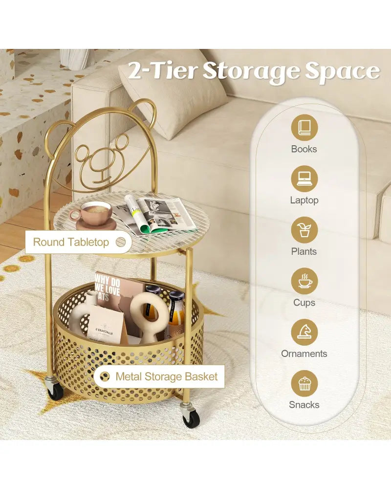Modern Sofa Side Table on Lockable Wheels for Living Room Bedroom Study-Gold - Golden - End & Side Tables