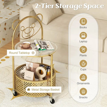 Modern Sofa Side Table on Lockable Wheels for Living Room Bedroom Study-Gold - Golden - End & Side Tables