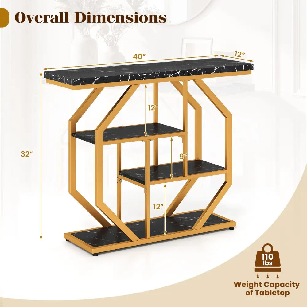 Modern Sofa Table Behind Couch 4-Tier Console Table with Faux Marble Tabletop-Black - Black - Console Tables
