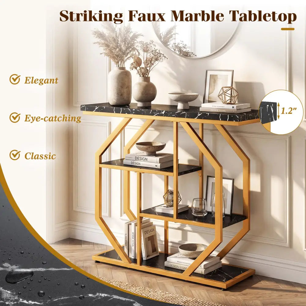Modern Sofa Table Behind Couch 4-Tier Console Table with Faux Marble Tabletop-Black - Black - Console Tables