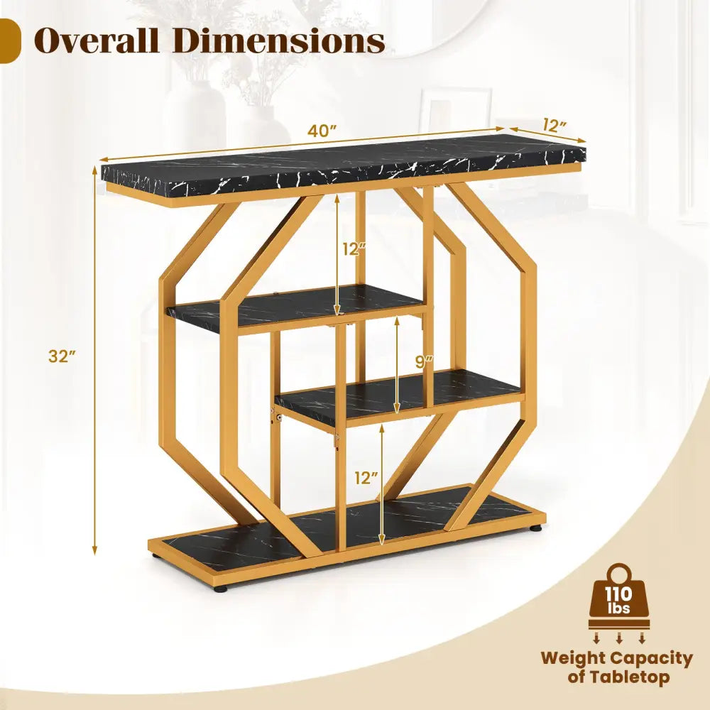 Modern Sofa Table Behind Couch 4-Tier Console Table with Faux Marble Tabletop-Black - Black - Console Tables