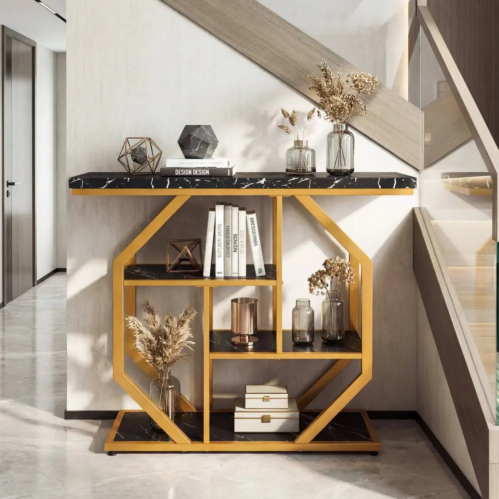 Modern Sofa Table Behind Couch 4-Tier Console Table with Faux Marble Tabletop-Black - Black - Console Tables