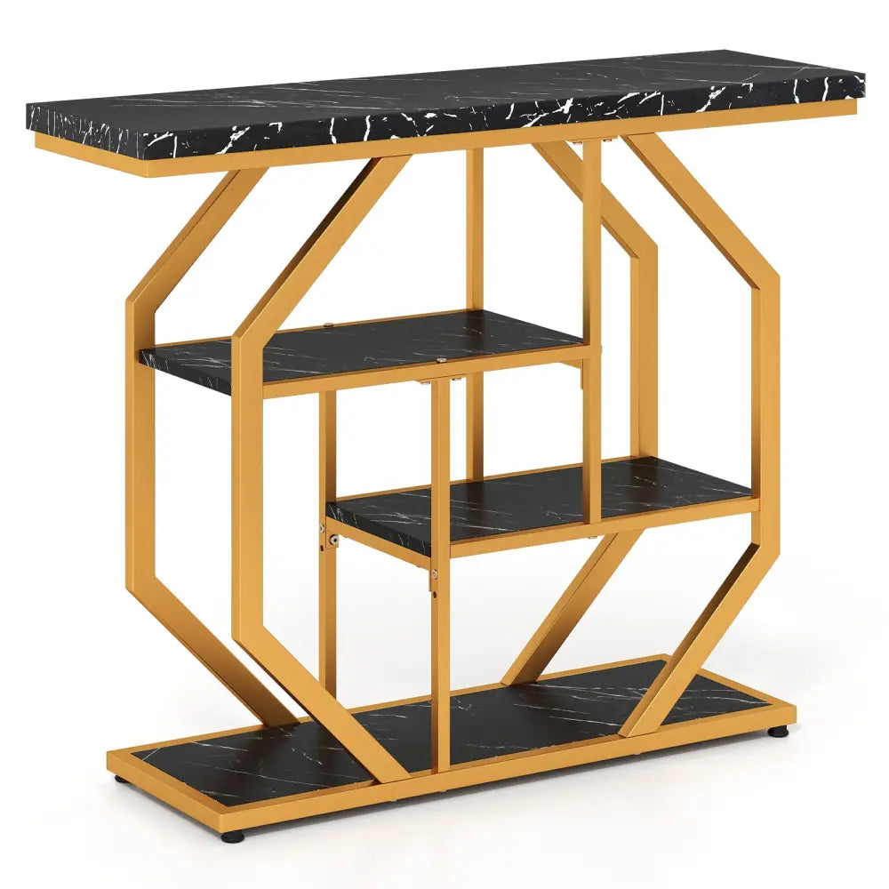 Modern Sofa Table Behind Couch 4-Tier Console Table with Faux Marble Tabletop-Black - Black - Console Tables