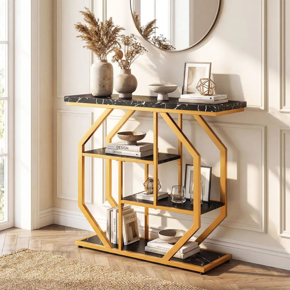 Modern Sofa Table Behind Couch 4-Tier Console Table with Faux Marble Tabletop-Black - Black - Console Tables