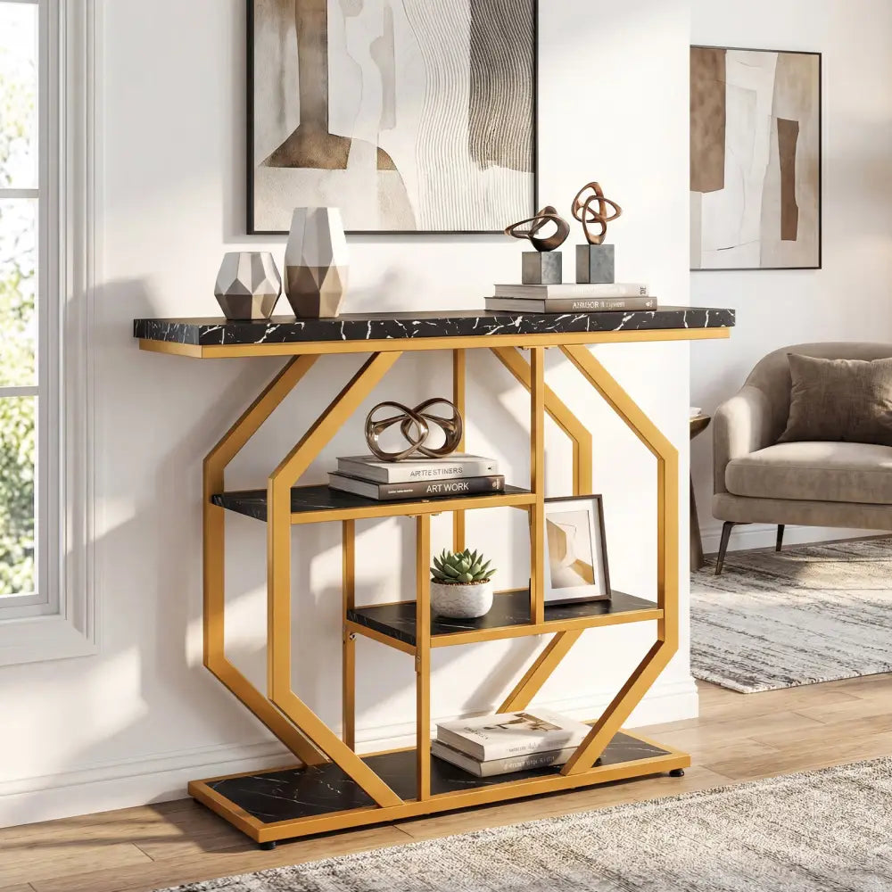 Modern Sofa Table Behind Couch 4-Tier Console Table with Faux Marble Tabletop-Black - Black - Console Tables