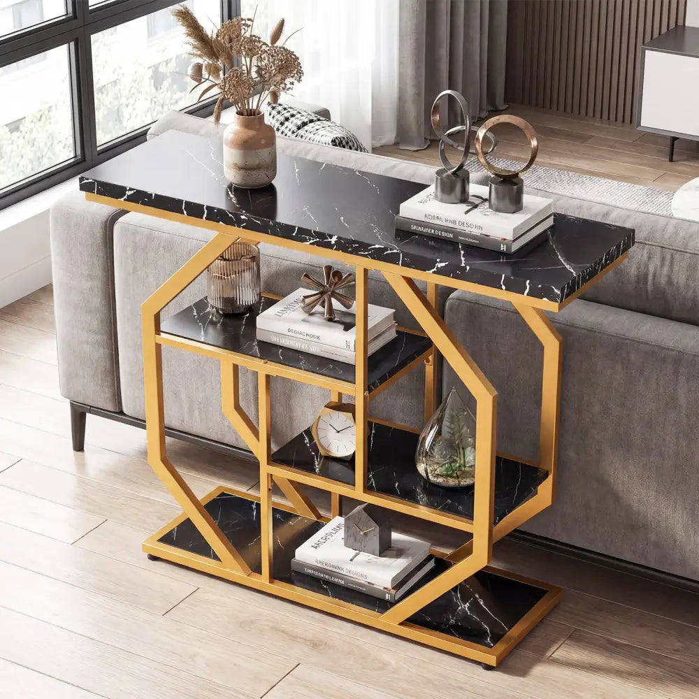 Modern Sofa Table Behind Couch 4-Tier Console Table with Faux Marble Tabletop-Black - Black - Console Tables